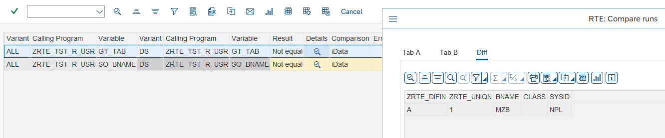 iData difference display pop-up with 'Tab A', 'Tab B', and 'Diff' tabs showing detailed data