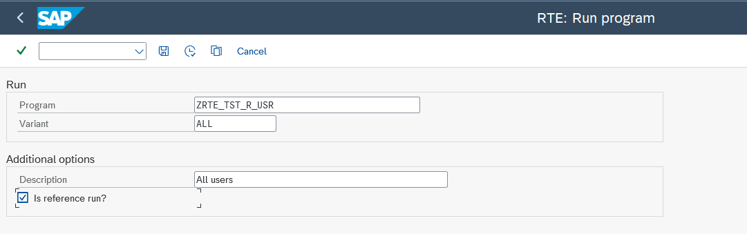 Image of the RTE: Run program screen with fields for Program, Variant, Description, and 'Is reference run?' checkbox